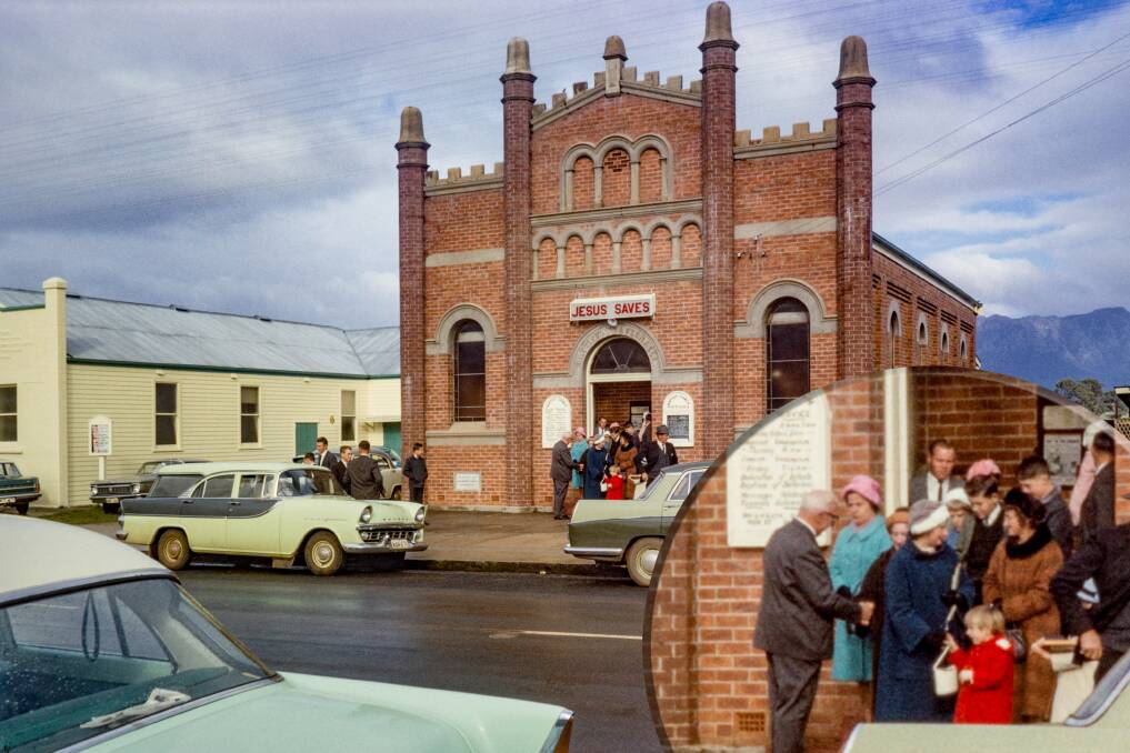 Reverend E George Biggs greets his congregation outside the Sheffield Baptist Church, 1966
