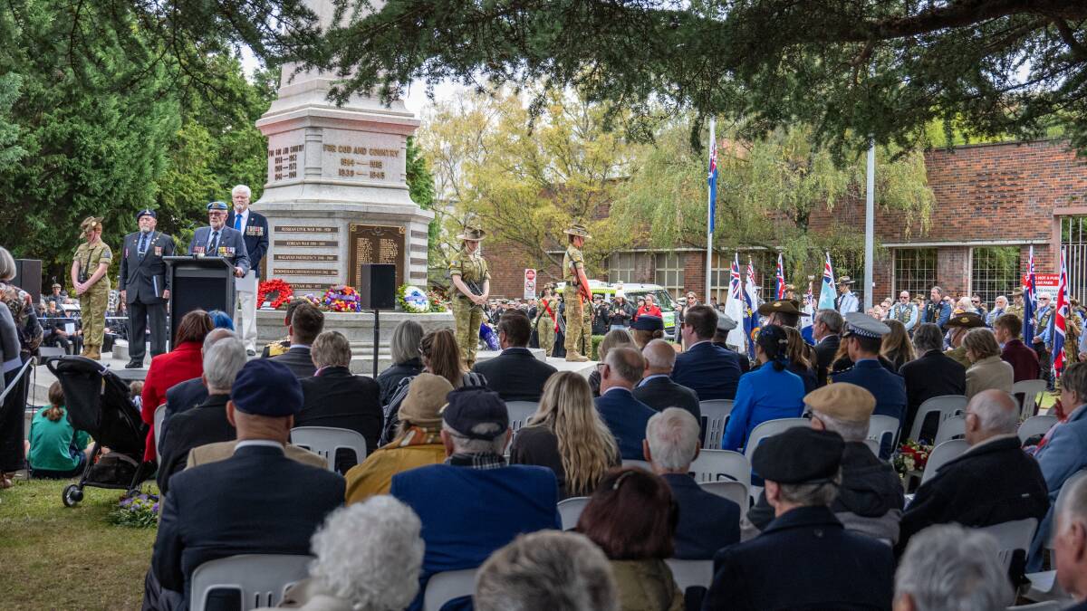 RSL Launceston President Graeme Barnett welcomes the crowd to the Anzac Day service at the century old Cenotaph on Anzac Day Picture Paul Scambler 