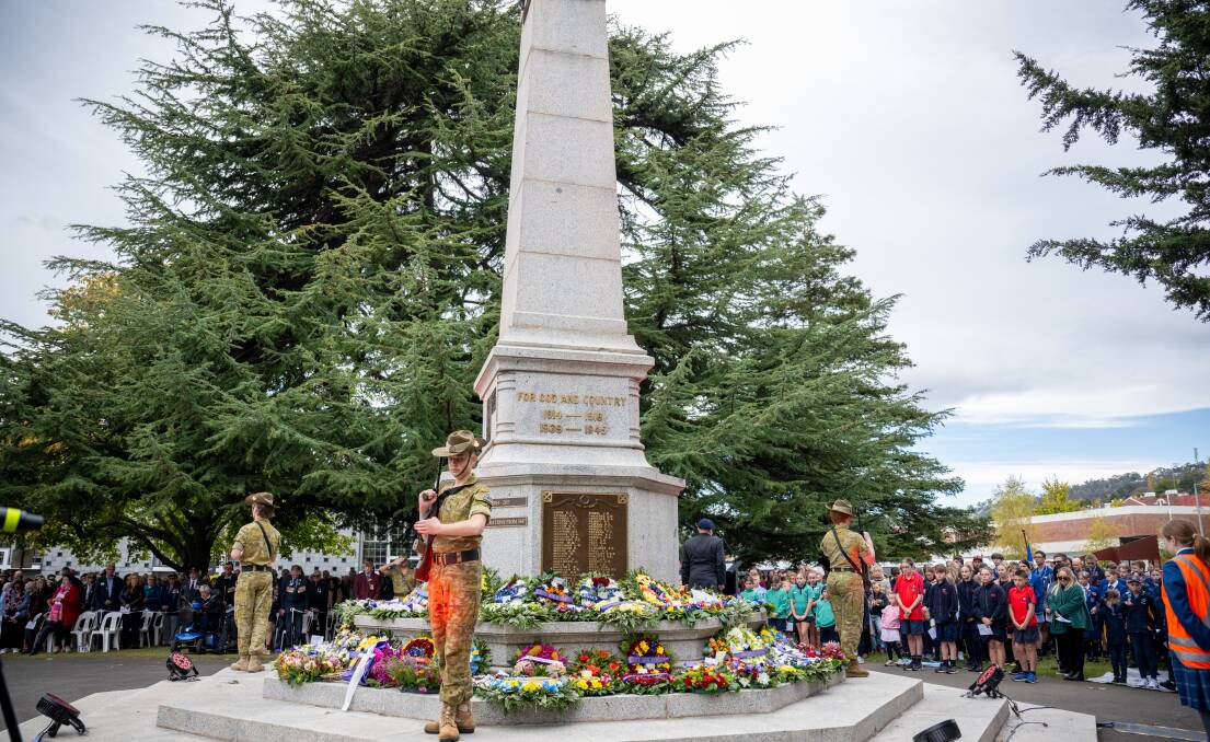 Cadet Seth Padman and cadets from the 62 ACU Launceston at the Launceston Cenotaph on Anzac Day. Picture Paul Scambler 