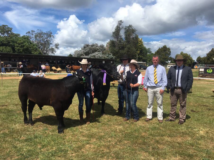 SHOW TIME: Brodie Hall, Alice Hall, Heath Dobson, Peter Godbolt and Damon Englund with the supreme champion female and the champion interbreed bull of the show. Picture: Supplied
