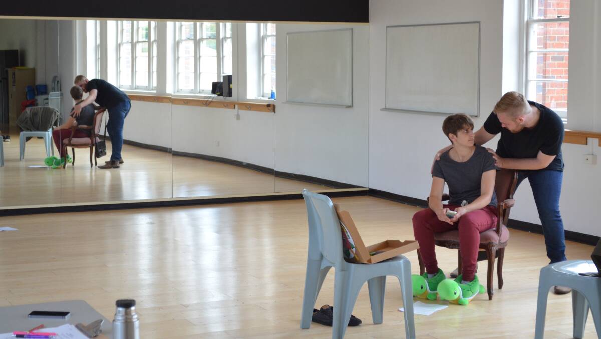 ONE DAY 14: Launceston actors Katie Hill and Mitchell Langley, under the guidance of director Stan Gottschalk, rehearse 'Lines of Life', which was written by Robert an Nicole Lewis. Picture: Tess Brunton
