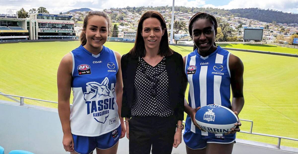 VOCAL: Trisha Squires makes her presence felt months ahead of her AFL Tasmania CEO appointment at the the launch of the Tassie North Kangaroos AFLW side. Picture: AFL Tasmania