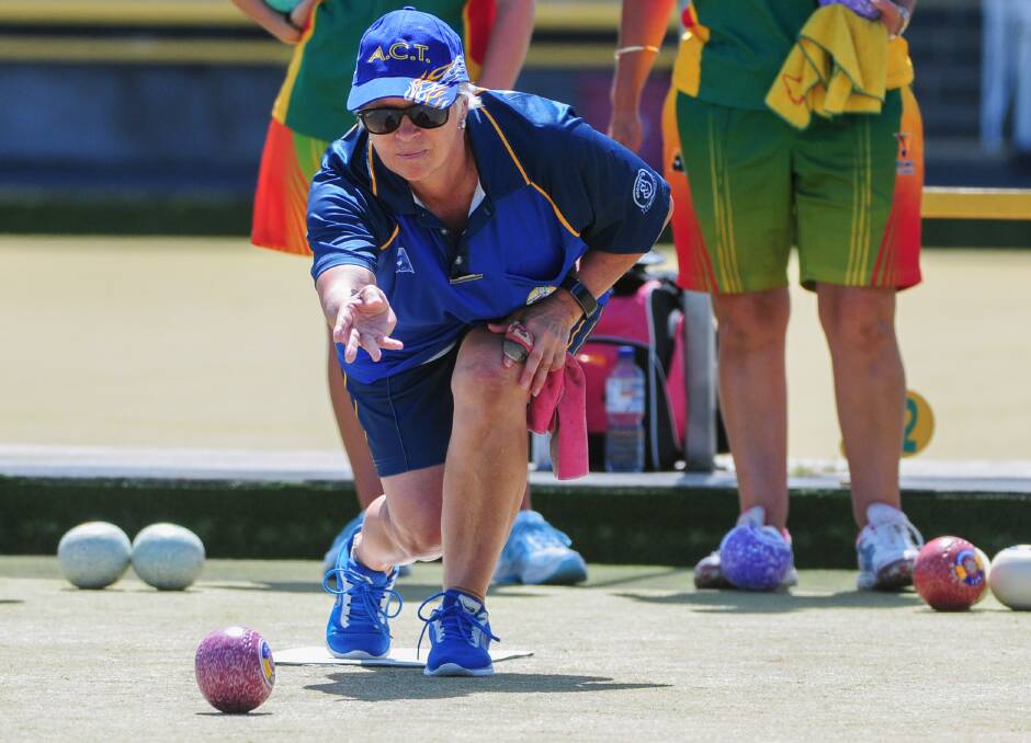 INTENSE: ACT bowler Karen James draws focus at North Launceston Bowls Club.