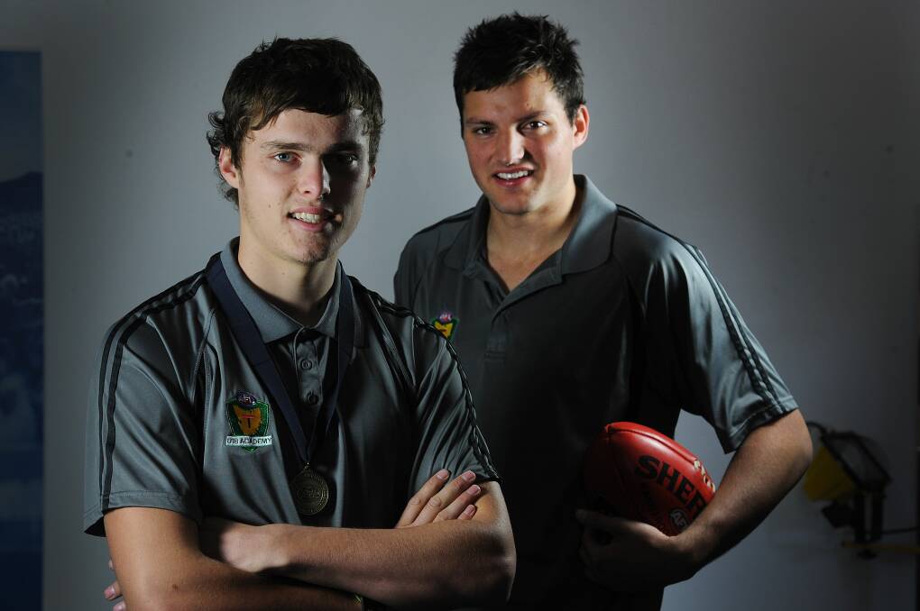 TASSIE PRIDE: Kade Kolodjashnij and Toby Nankervis stand together in the day when they formed a formidable pair on the ball for the Tasmania under-18s. Picture: Will Swan
