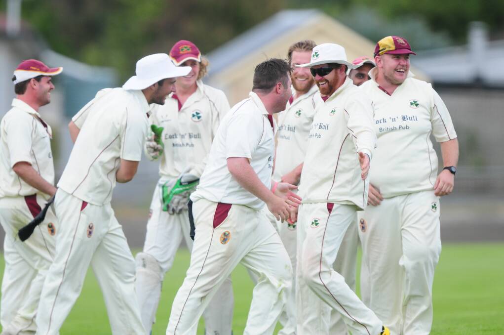 OPENING UP THE CRAIC: Westbury Shamrocks celebrate a Riverside wicket in Saturday's opening day, as the team pushes for back-to-back Cricket North grand final appearances. Picture: Paul Scambler