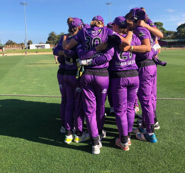 EMBRACED: Former Riverside keeper Emma Manix-Geeves was made to feel welcome before the first ball on Wednesday in her debut for the Hobart Hurricanes WBBL side. 