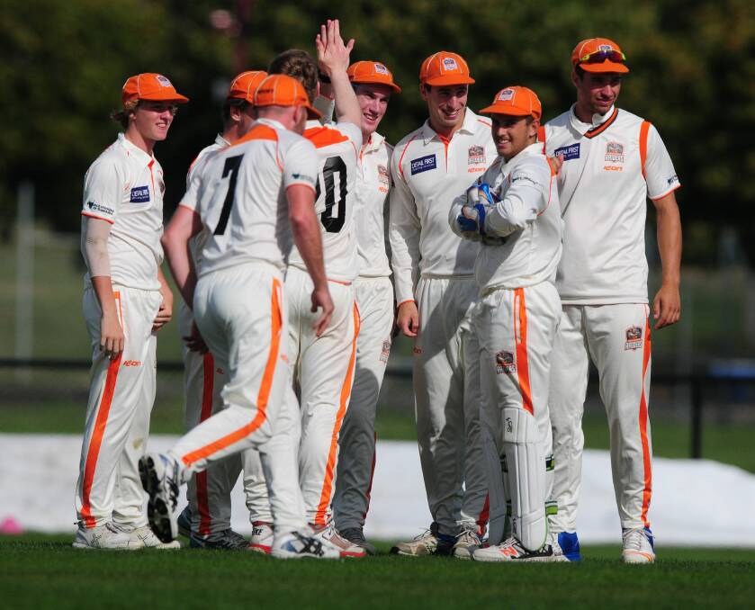 HI-FIVE: Raiders teammate gather in celebration for the side's only wicket on Saturday afternoon.