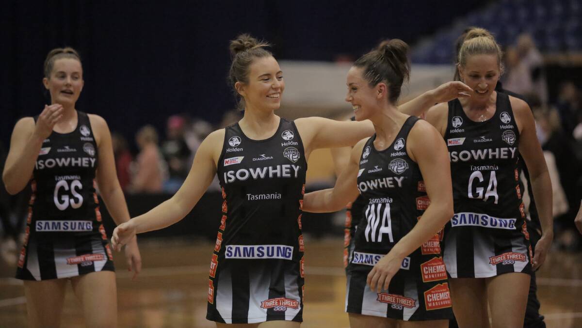 KUDOS: Collingwood new signing Kelsie Rainbow goes to hug Vanessa Augustini at a preseason hitout in Hobart. Picture: Collingwood Magpies Media