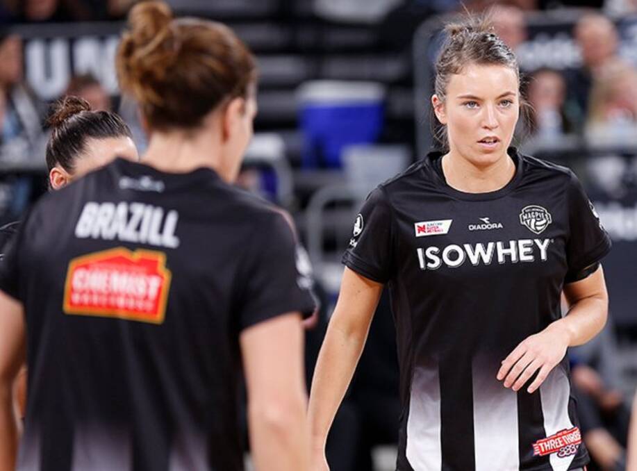 READY TO ROLL: Winnaleah-raised Kelsie Rainbow warms up before stepping out for Collingwood Magpies Super Netball team at Hisense Arena on Saturday night. Picture: Magpies Netball 