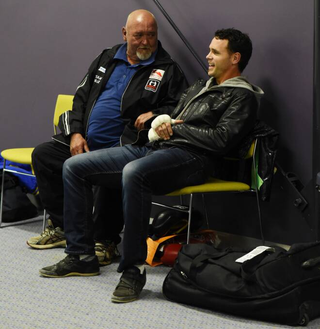 FAREWELL: A jovial Daniel Geale with dad Wayne ahead of the boxer's last fight back in Launceston that ended in defeat to Renold Quinlan back in 2016. Picture: Scott Gelston