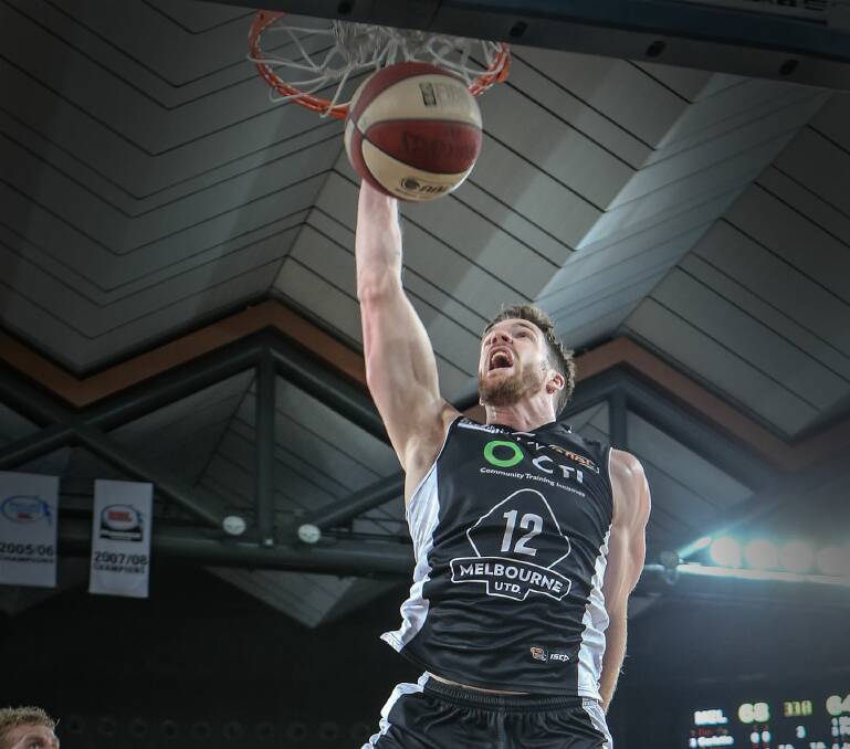 SKYWALKER: Lucas Walker finds his leap and aims high back during the early NBL days of Melbourne United. Picture: Supplied