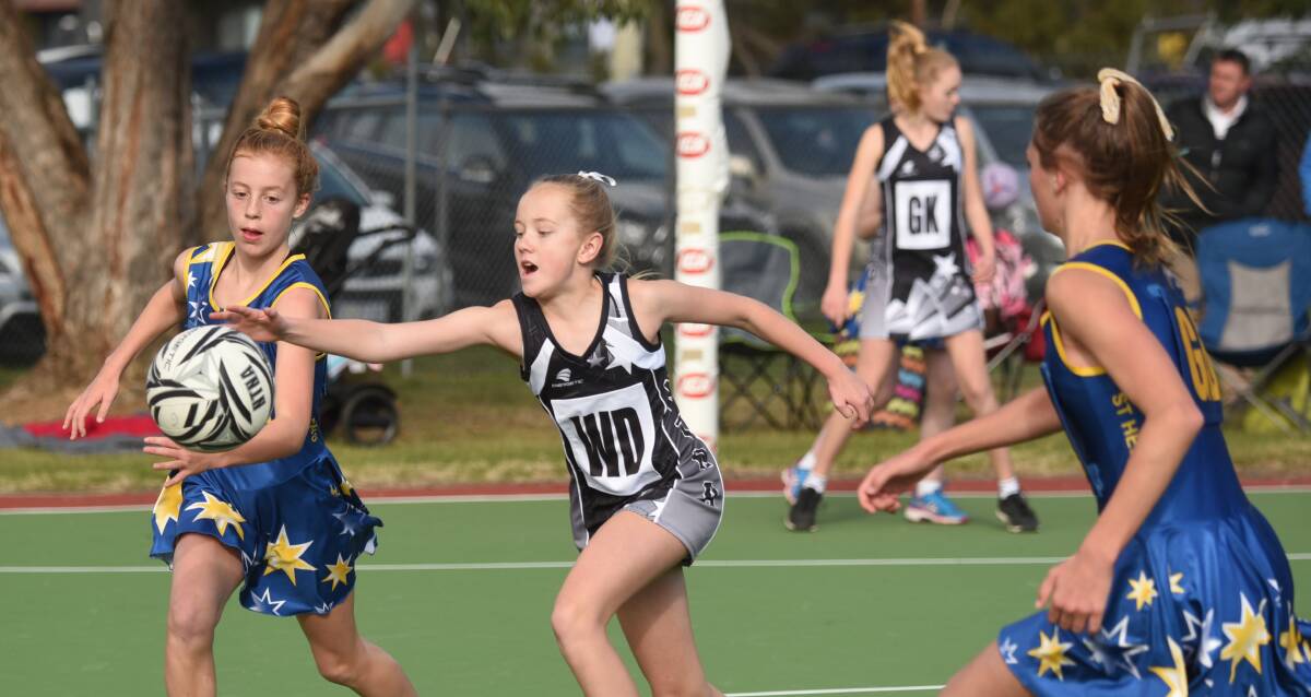PURSUIT: St Helens wing attack Ava Roden and NTNA White wing defence Callie Griffin chase after the loose ball as St Helens goal defence Taylor Jones looks to lend support during Sunday's biggest statewide junior netball carnival in Launceston held at Hoblers Bridge. Picture: Paul Scambler