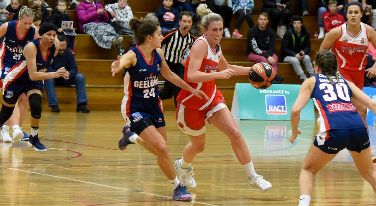 GOING DOWNTOWN: Tornadoes top scorer Lauren Nicholson tries to penetrate the Geelong defence. Picture: Paul Scambler