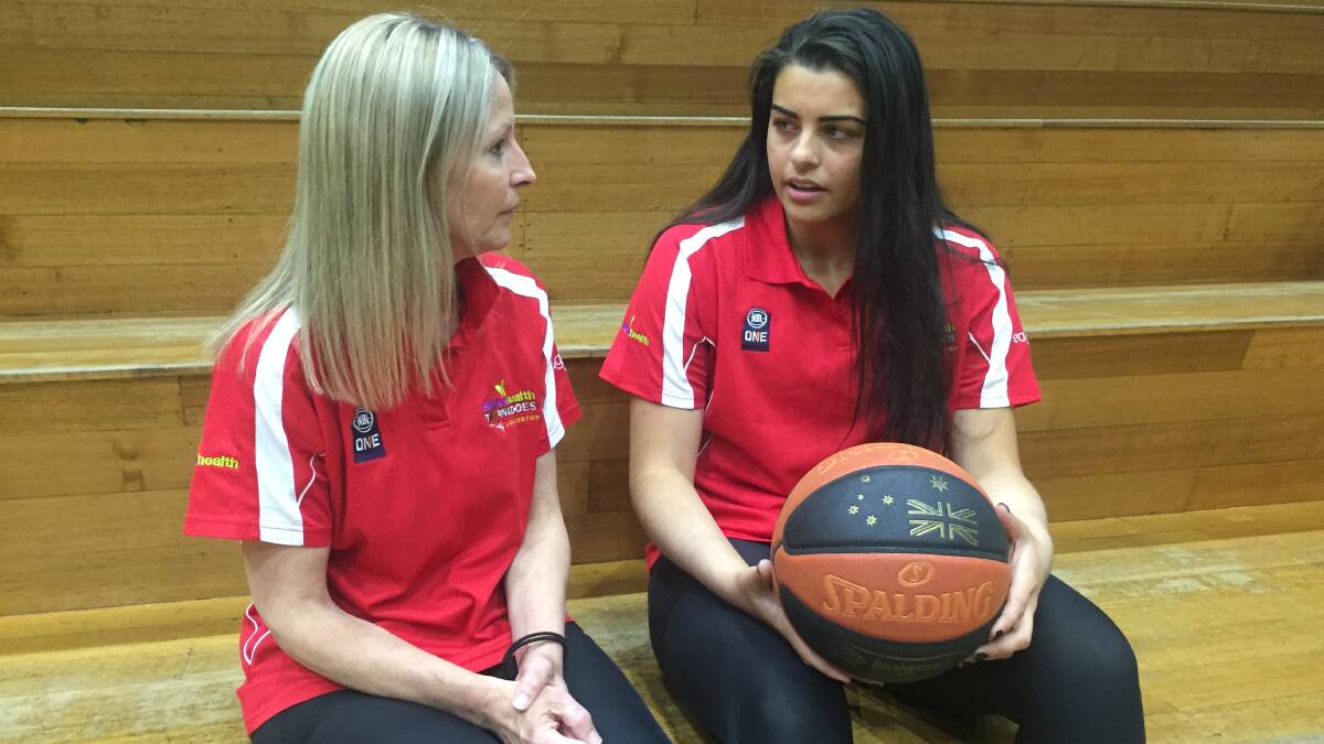 TALK: Launceston Tornadoes coach Sarah Veale and new signing Ellie Collins catch up. Picture: Andrew Mathieson