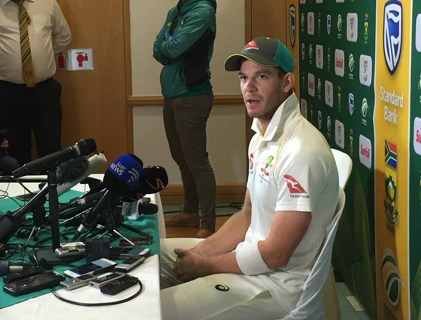 STILL IN CHARGE: Tasmanian Tim Paine answers tough questions on his first day captaining Australia against South Africa amid the ball-tampering saga. Picture: Andrew Mathieson 
