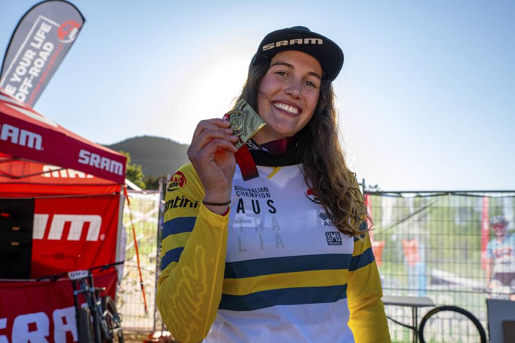 GOLDEN GIRL: 2019 Australian national mountain bike champion Danielle Beecroft set to visit Tasmania next year to defend her title. Picture: Matt Rousu Photography 