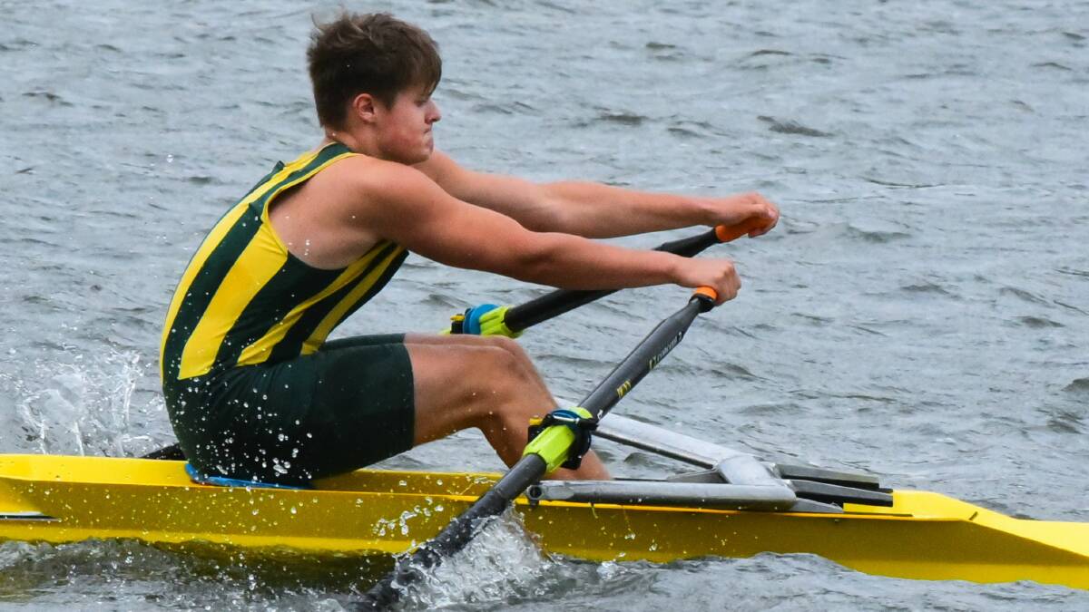POWERFUL STROKE: Rower Lachlan Moore takes the honours for St Patrick's College in the 500m para single scull on Saturday. Picture: Neil Richardson
