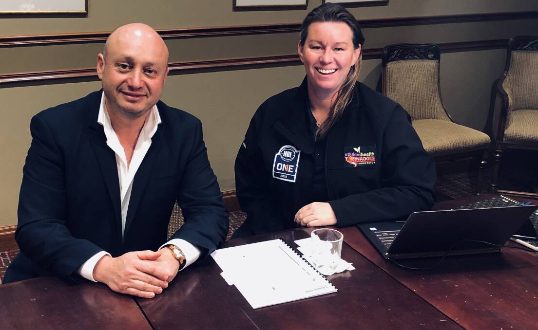 ON BOARD: Launceston Tornadoes chairwoman Janie Finlay takes a break away from discussions with NBL owner Larry Kestelman. Picture: Supplied