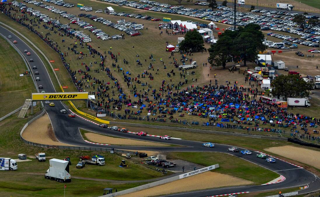 VIEWING AREA: Symmons Plains crowds mingle around the track at the 2019 Supercars race. 