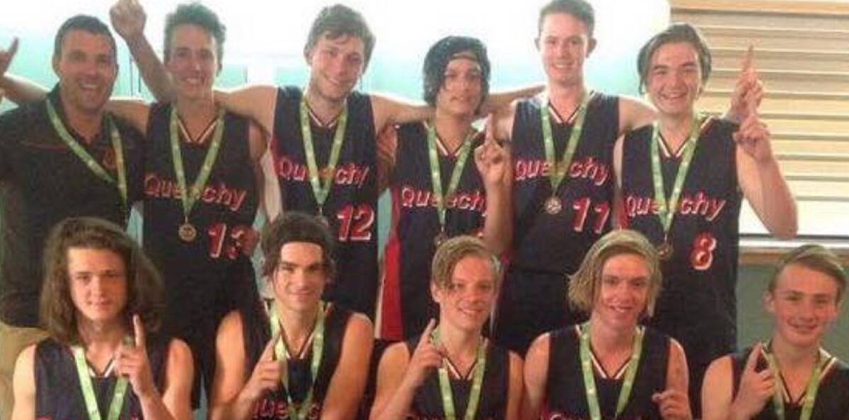 We're number one: Queechy High School senior boys side celebrate their State High School Championship win as Tassie's top basketball school. Picture: Basketball Tasmania