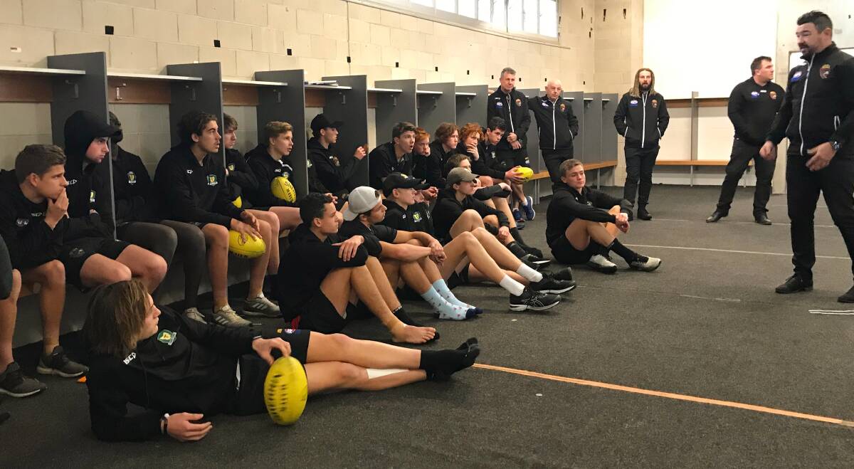 GEARED UP: The Tasmania Devils in the rooms before Sunday's clash with Northern Territory. Picture: AFL Tasmania
