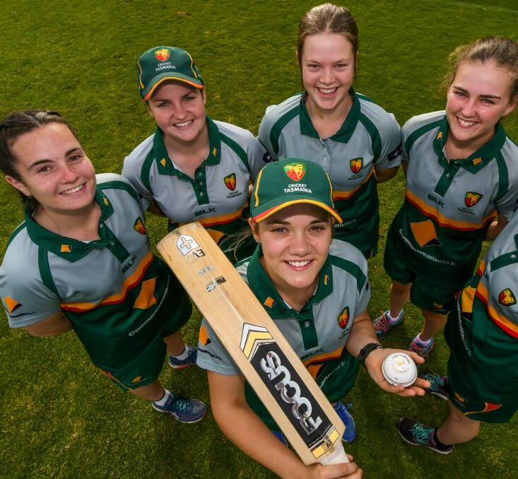 FROM AND CENTRE: Tasmanian Emma Manix-Geeves, in front of state teammates Sophie Parkin, Stacey Norton-Smith, Amy Duggan and Meg Raford, stood out in the batting side's performance against NSW Metro.