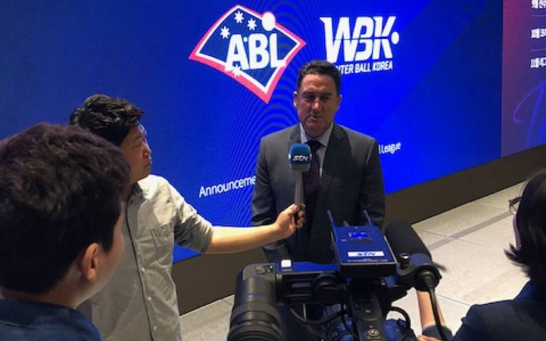 STRONG VOICE: Baseball chief executive Cam Vale talks to the Korean media over ABL expansion that has plans to include a Tasmanian team for 2019-2020. Picture: ABL Images