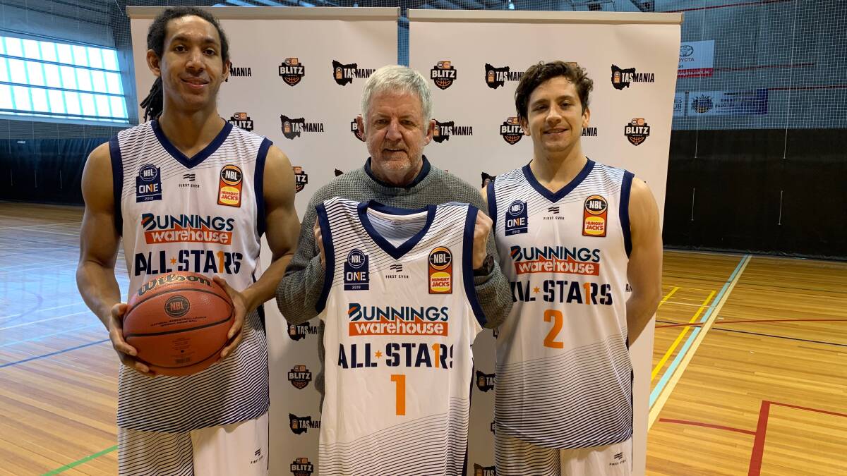 STATE PRIDE: Tasmanians Zachary White, Mark Chivers and Lachlan Barker shows off the NBL All-Stars outfits for the NBL Blitz that will arrive at five locations throughout the Apple Isle next month. Picture: Supplied
