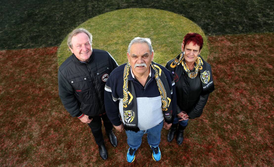 PRIDE: Former Richmond player and Essendon coach Kevin Sheedy catches up with ex-Tigers teammate Derek Peardon along with sister Annette ahead of the 2015 Dreamtime at the 'G game in the first Tasmanian aboriginal to play VFL's only return to Melbourne after 44 years. Picture: The Age 
