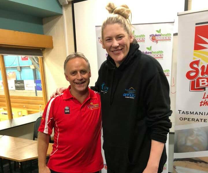 TALL STORY: Mohr is monstered by WNBA hall-of-famer Lauren Jackson during a visit to Launceston.