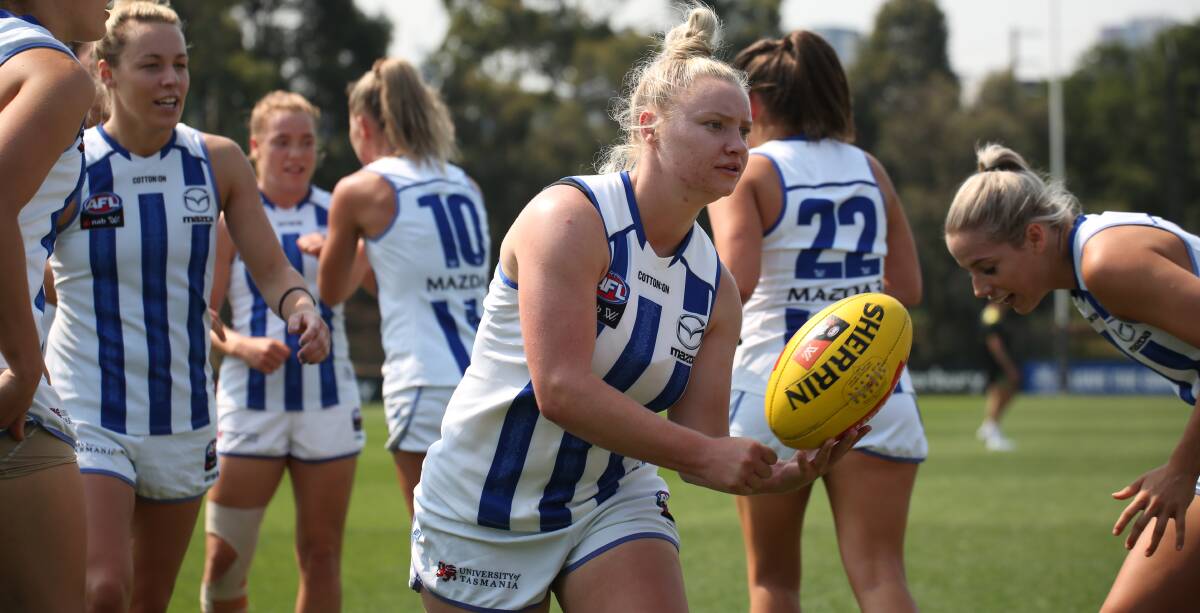 LUCKLESS: Launceston's Daria Bannister was busy at training in the week leading into the Kangaroos' first game of the season. Picture: NMFC Media 