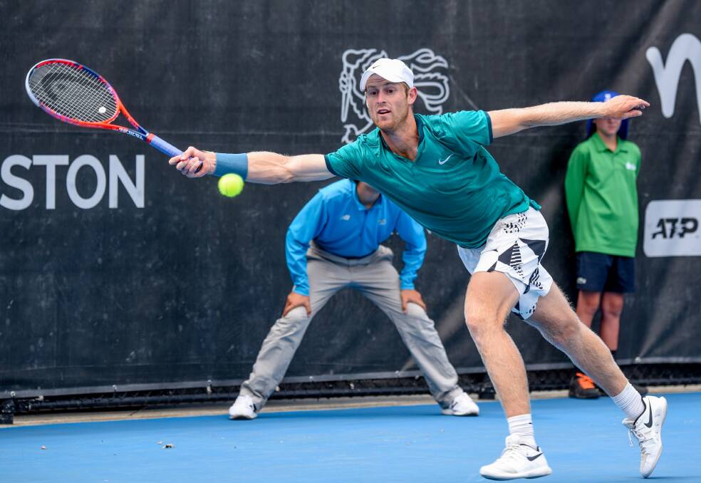 OUT OF REACH: Australian Luke Saville stretches on his forehand that proved indicative of his close three-set defeat in the Launceston International semi-finals on Saturday. Pictures: Paul Scambler  