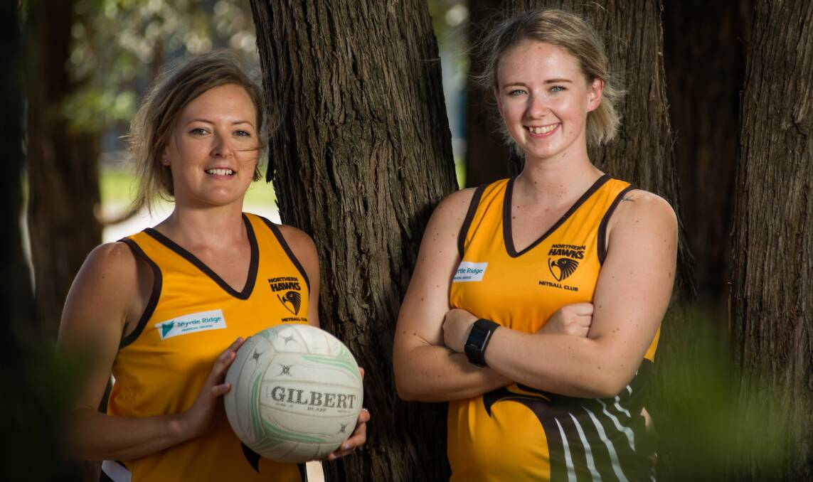 BRING 'EM ON: Northern Hawks pair Ashton Whiley and Zoe Claridge will be on the frontline to stop Arrows from claiming a third straight State League title in Saturday's grand final at the Silverdome. Picture: Phillip Biggs