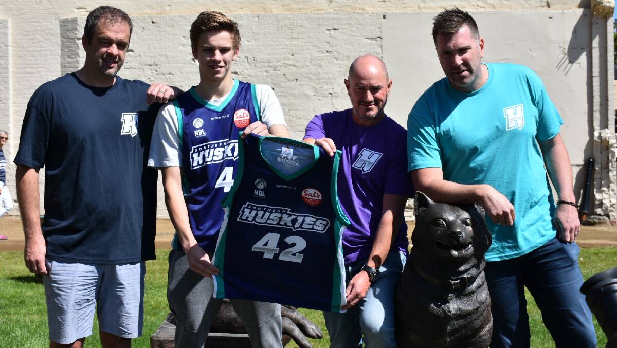 HUSKIES NO MORE: Southern Huskies coach Anthony Stewart, Tasmanian prospect Jack Stanwix, chief operations officer Mike Sutton and owner Justin Hickey at the club's launch last year. Picture: Supplied