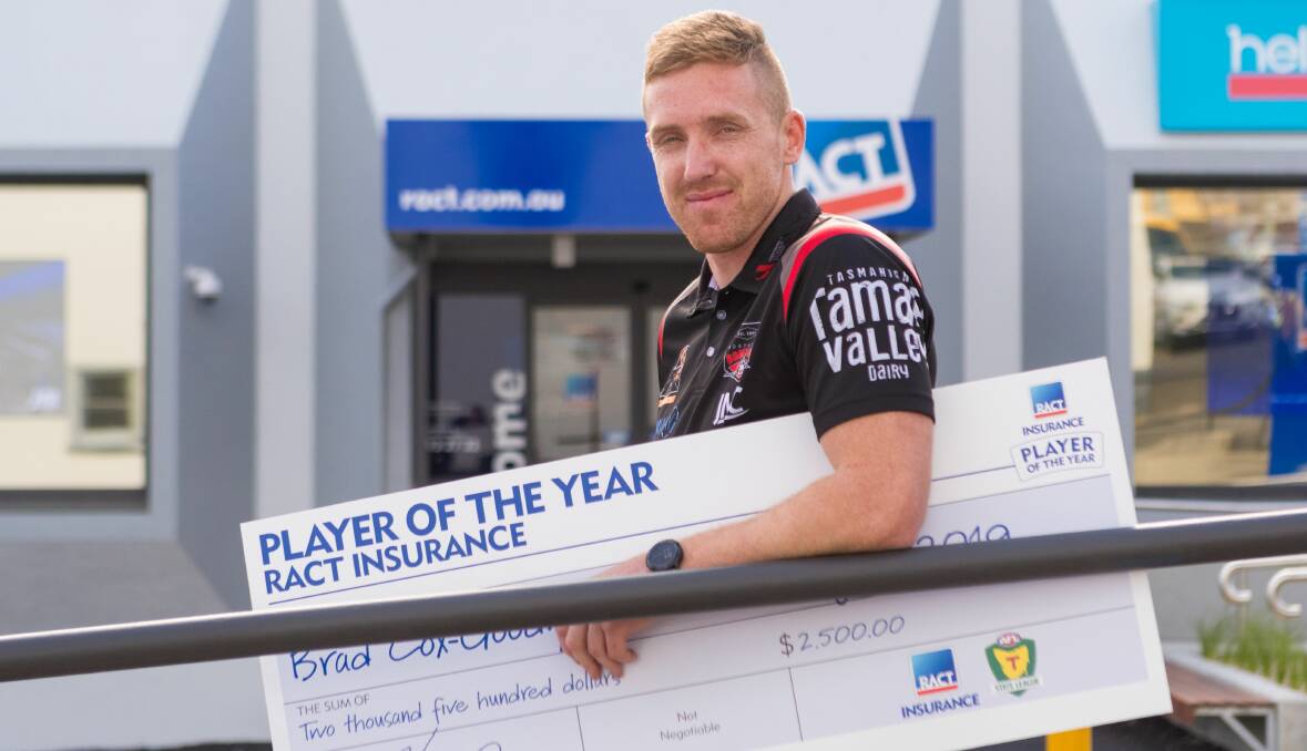 CHEQUE MATE: North Launceston star Brad Cox-Goodyer walks out the TSL sponsor's doors with the player-of-the-year reward. Picture: Phillip Biggs