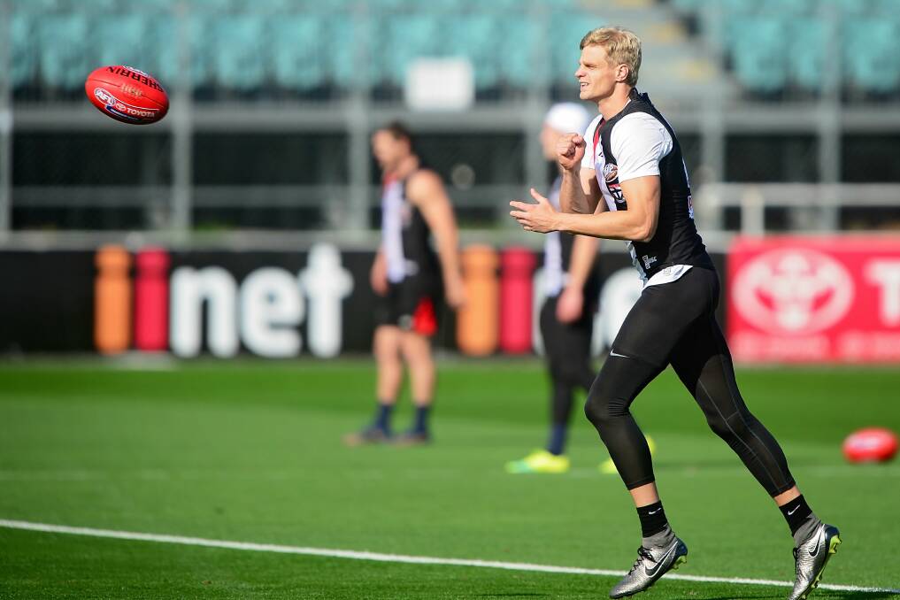 ON THE BALL: St Kilda great Nick Riewoldt trains at one of his visits back to Tasmania at UTAS Stadium. Picture: Phillip Biggs