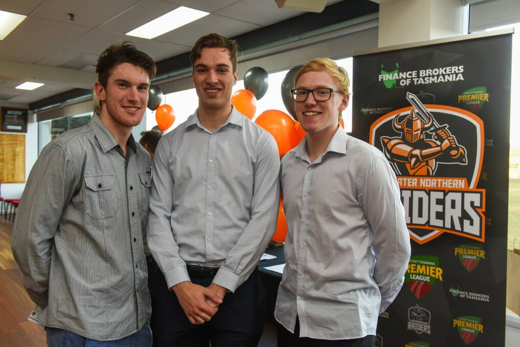 THE POSSE: Former Riverside allrounder Oliver Wood is flanked by Raiders teammates Brodie Hayes and Shaun Redman at the club's inaugural launch last month. Picture: Paul Scambler