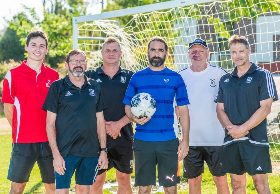 SCORING GOALS: Club exercise physiologist Sam Rosetto, NPL assistant coach Rob Murray, Northern Championship coach Justin Dyer, Northern Championship 1 coach Dallas Kelly, NPL coach Peter Sawdon and director of coaching Roger Mies gear up for a new season. Picture: Phillip Biggs