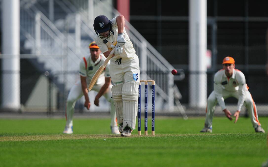 DEFENCE: South Hobart-Sandy Bay batsman Harry Nichols gets behind the ball on Saturday against Greater Northern Raiders. Pictures: Paul Scambler