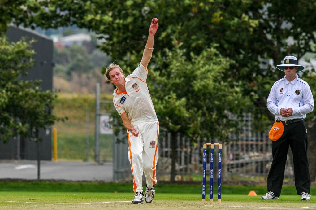 PUSHING: Raiders spearhead James Beattie toils hard at his Cricket North home ground on a day with little reward against New Town at the NTCA No.2. Picture: Paul Scambler