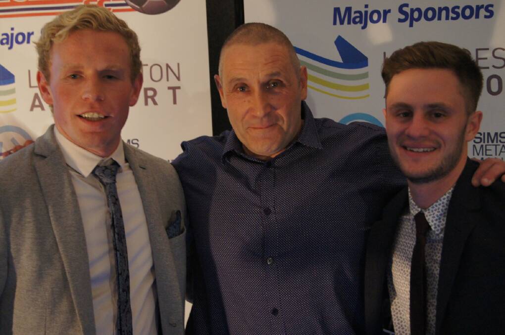 FAREWELL: Northern Rangers NPL coach Lino Sciulli with departing best and fairest winners Harry Thannhauser and Pat Lanau-Atkinson. Picture: Facebook