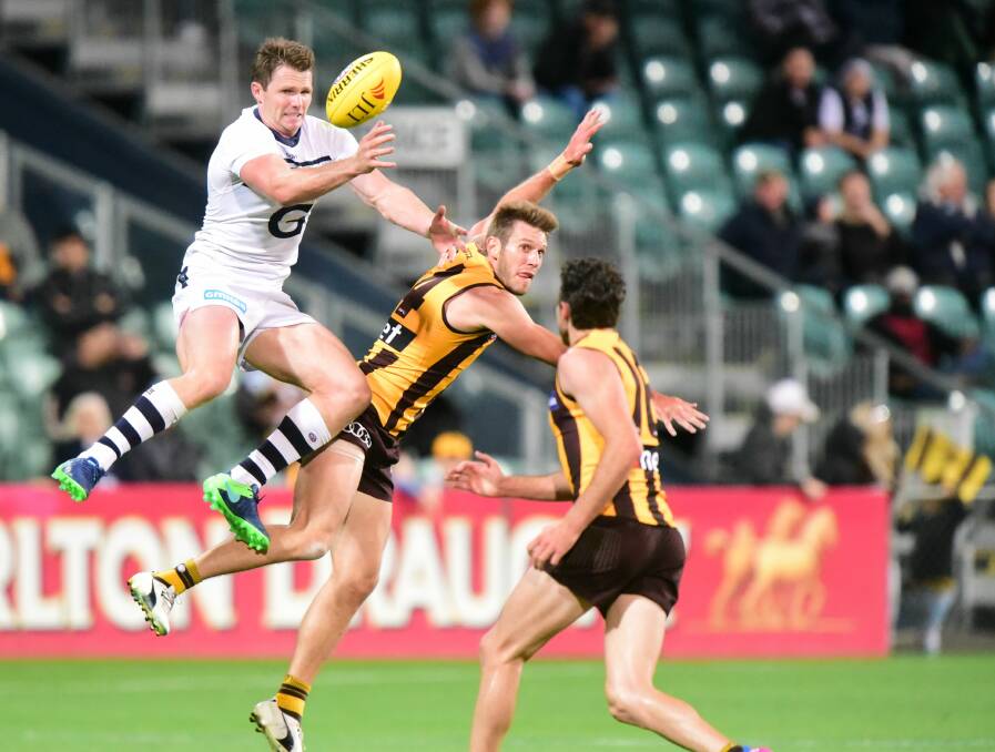 FLYING HIGH: Geelong champion Patrick Dangerfield playing in Launceston stands above the pack - not just only on the field but with his outspoken ways on umpiring and the rules. 