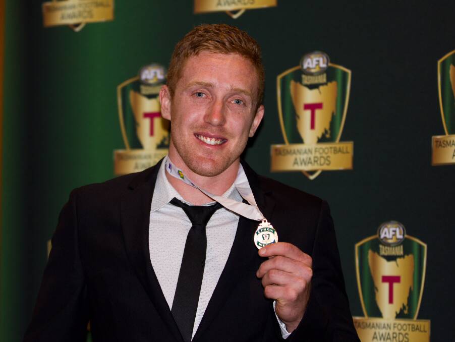 WINNER: North Launceston centreman Brad Cox-Goodyer proudly shows off the Alastair Lynch Medal for the best-and-fairest in the 2017 TSL season. Picture: Solstice Digital