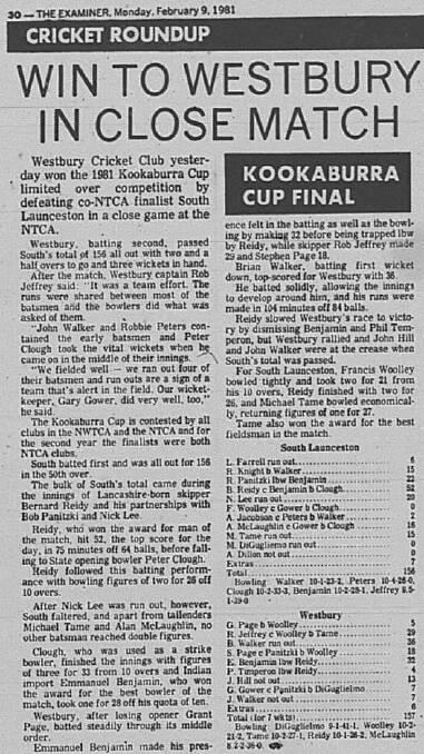 CUP WIN: As The Examiner reported Westbury's last 50-over success in 1981.