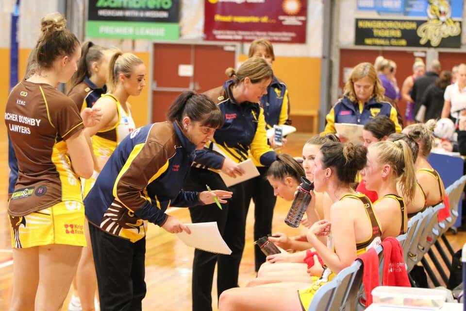 PEP TALK: Northern Hawks co-coaches Kellie Woolnough and Ruth Tuohy chat to the players during a quick break from last Saturday's season opener. Picture: Jess Stevenson