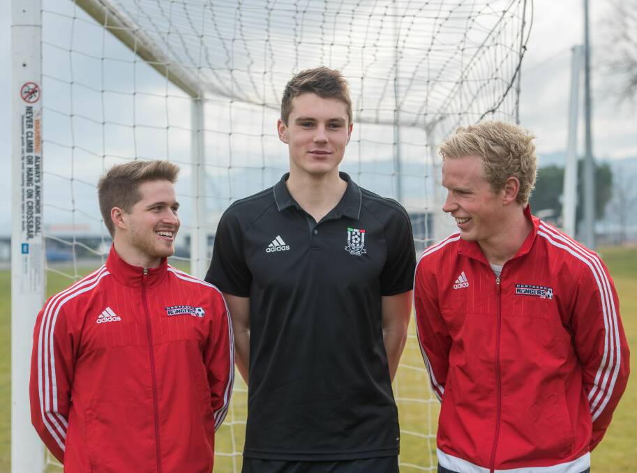FRIENDLY RIVALS: Northern Rangers' Canadian signing Kwin Kensley, Launceston City striker Noah Mies and Rangers talisman Harry Thannhauser all share a laugh ahead of Rangers playing host to City. Picture: Scott Gelston
