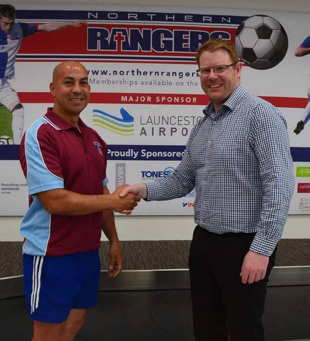 WELCOMED: Coach Fernando Munoz is greeted by Rangers stalwart Marshall Pooley. Picture: Supplied