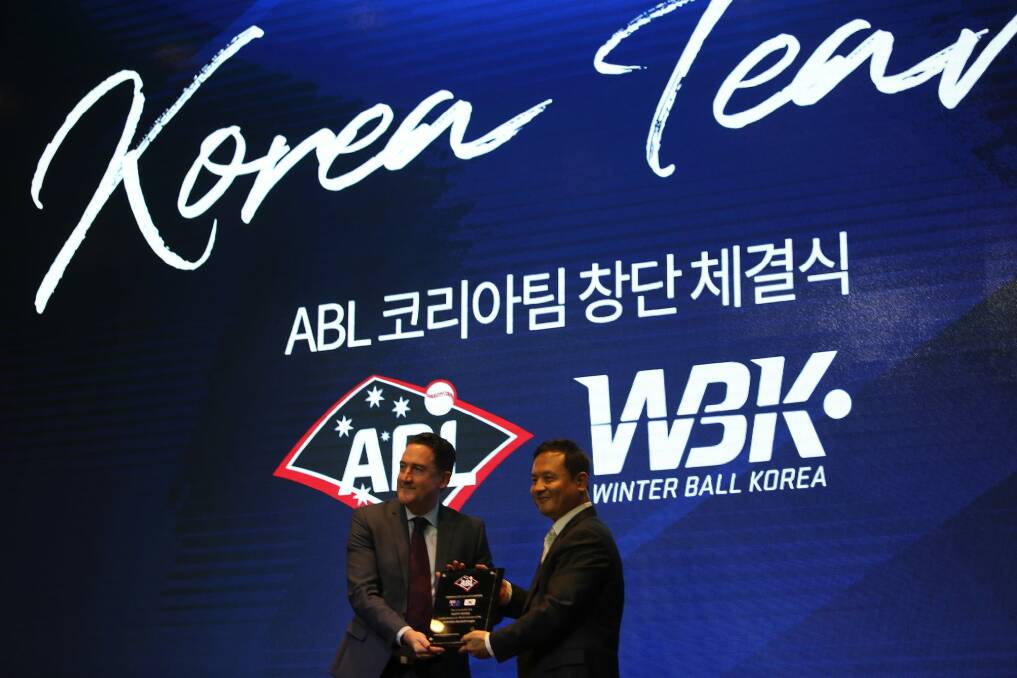 GROUNDBREAKING: Baseball Australia boss Cam Vale makes the annoucement in May that Winterball Korea will join the ABL. Picture: ABL Images