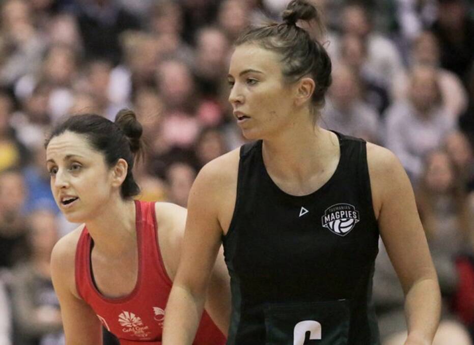 CENTRE STAGE: Rainbow shows her wares for the Tasmanian Magpies in a pre-Commonwealth Games clash against Wales last year at the Silverdome. Picture: Magpies Netball
