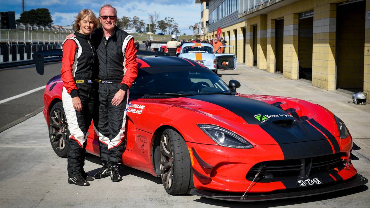 READY TO ROAR: Navigator Janet Binns and her driver husband John Ireland with their 2017 Dodge Viper ACR in a Targa hot laps session at Symmons Plains. Pictures: Paul Scambler